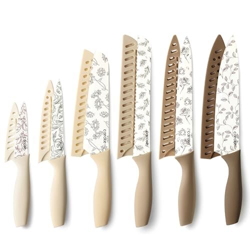 CAROTE Kitchen Knife Set, 6 Floral Knives with 6 Blade Guards, 12-Piece