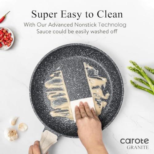 CAROTE Non Stick Frying Pan, 8 Inch Classic Granite Skillet with Glass Lid