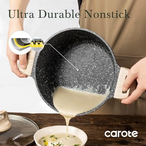 CAROTE Nonstick Stock Pot with Lid, 6 Quart Black Granite Casserole