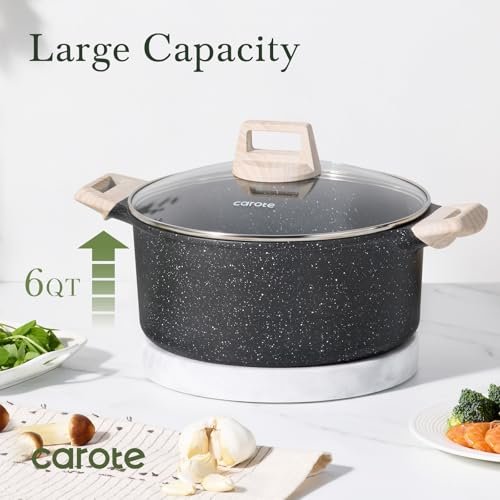 CAROTE Nonstick Stock Pot with Lid, 6 Quart Black Granite Casserole