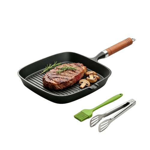 Cast Iron Grill Pan, 9 Inch Griddle Pan Skillet with Kitchen Tong & Brush