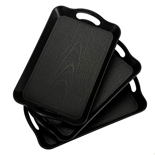 Cedilis 3 Pack Black Serving Trays with Handles,16 x 11IN Rectangular Non Skid Multi-Purpose Plastic OttomanTray for Restaurant, Parties, Coffee Table, Kitchen