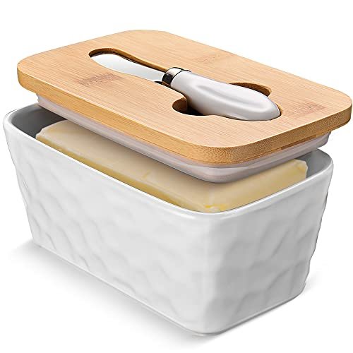 Ceramic Butter Dish with Lid and Knife for Countertop Stone Pattern White