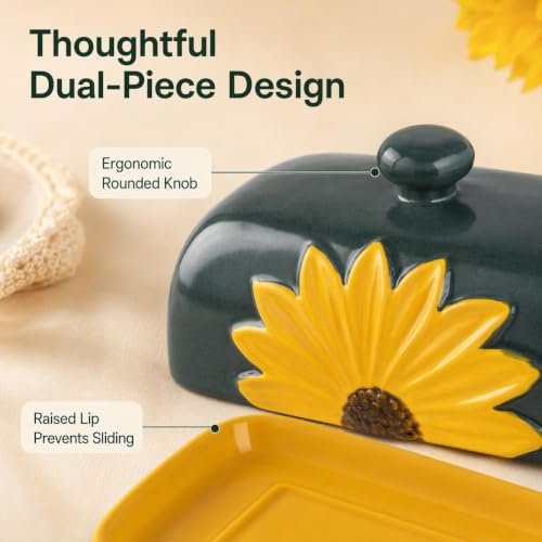 Ceramic Sunflower Covered Butter Dish With Lid Yellow Tray Green Lid Keeper