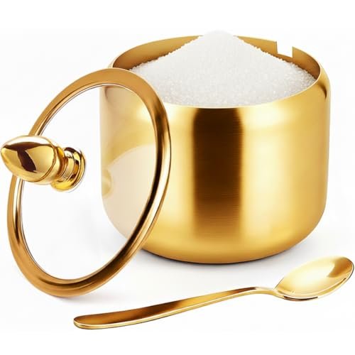 Coffee Bar Accessories Sugar Container with Glass Lid and Spoon, 10oz Gold Sugar Bowl for Kitchen Storage, Sugar Jar for Salt, Candy, Coffee Bean, Gold