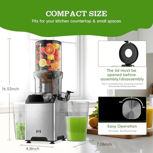 Cold Press Juicer, Wide Feed Chute Masticating Juicer, Gray Knob