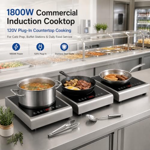 Commercial Induction Cooktop, 1800W 120V Portable Countertop Induction Burner with 8-Inch Copper Coil, 24H Timer, 16 Power Levels for Home, Cafe, Prep Area & Light Commercial Kitchen