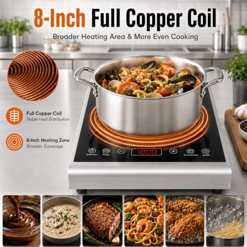Commercial Induction Cooktop, 1800W 120V Portable Countertop Induction Burner with 8-Inch Copper Coil, 24H Timer, 16 Power Levels for Home, Cafe, Prep Area & Light Commercial Kitchen