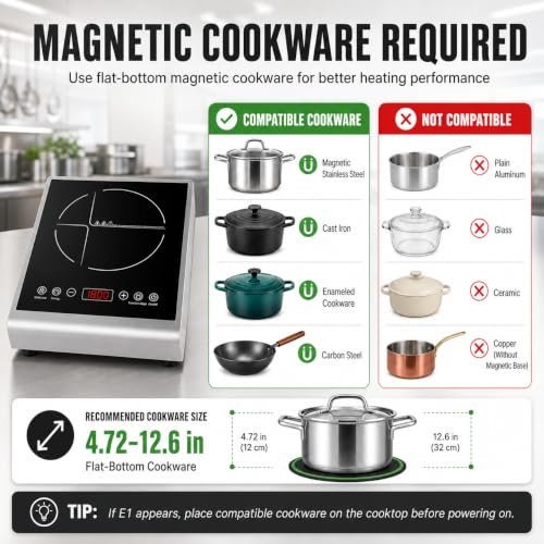 Commercial Induction Cooktop, 1800W 120V Portable Countertop Induction Burner with 8-Inch Copper Coil, 24H Timer, 16 Power Levels for Home, Cafe, Prep Area & Light Commercial Kitchen