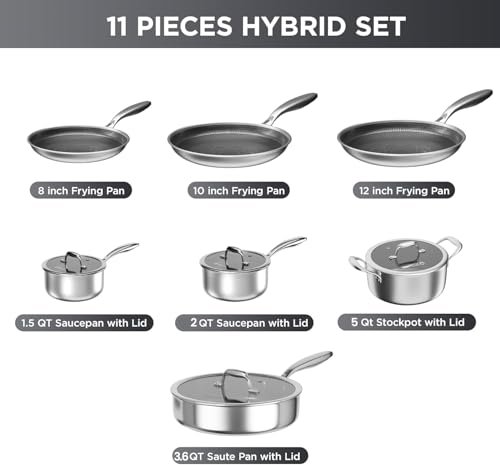 COOKER KING 11 Pcs Pots and Pans Set，Hybrid Stainless Steel Cookware Set