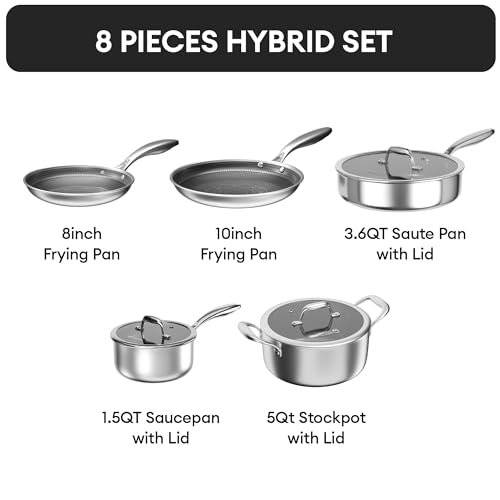 COOKER KING Hybrid Stainless Steel Cookware Set, 8pcs Pots and Pans Set
