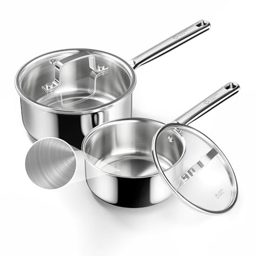 COOKER KING Sauce Pan Set, 1.5 QT & 2 QT Saucepan with Lid, Metal Utensils Safe, No Coating (PFAS/PFOA/PTFE Free), Dishwasher-Friendly, Oven-Safe Up to 900°F, Induction Ready
