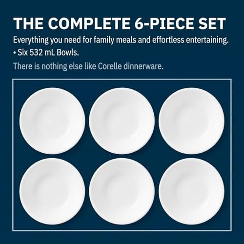 Corelle Vitrelle 6-Piece Soup/Cereal Bowl Set Triple Layer Glass and Chip Resistant, 18-Oz Lightweight Round Bowls, Winter Frost White