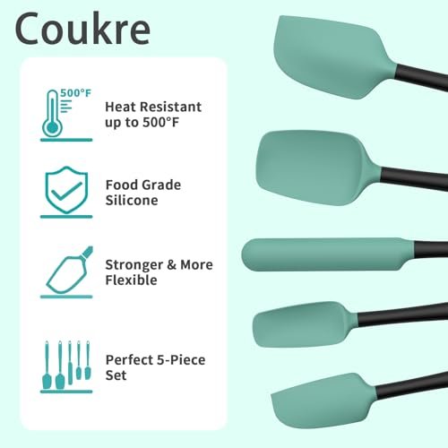 Coukre Silicone Spatula Set of 5,High Temperature Resistant, Food Grade Silicone, Dishwasher Safe, for Baking, Cooking (Aqua Green)