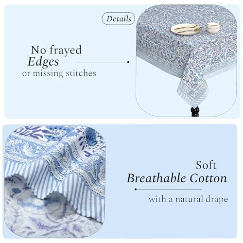 CPC Tablecloth 100% Cotton 60x60 Inch Indian Block Print Square Table Cover, Table Cloth for Weddings, Spring/Summer, Barbeque - Indigo Blue