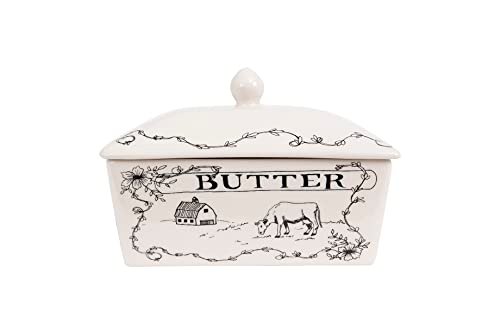 Creative Co-Op Country Stoneware Butter Dish with Lid, "Spread the Love" Message, and Farm Line Drawing, White and Black