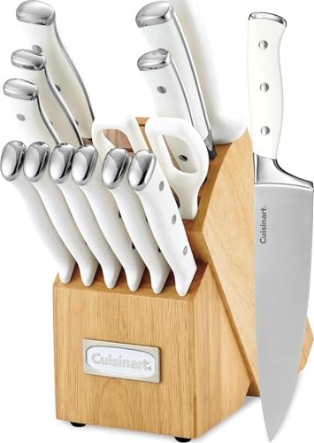 Cuisinart 15-Piece Knife Set with Block, High Carbon Stainless Steel, Forged Triple Rivet, White, C77WTR-15P