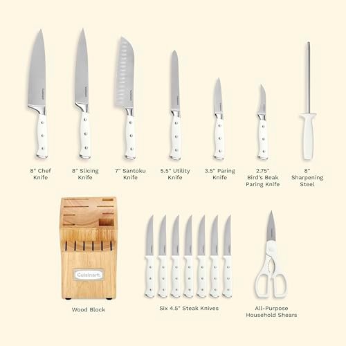 Cuisinart 15-Piece Knife Set with Block, High Carbon Stainless Steel, Forged Triple Rivet, White, C77WTR-15P