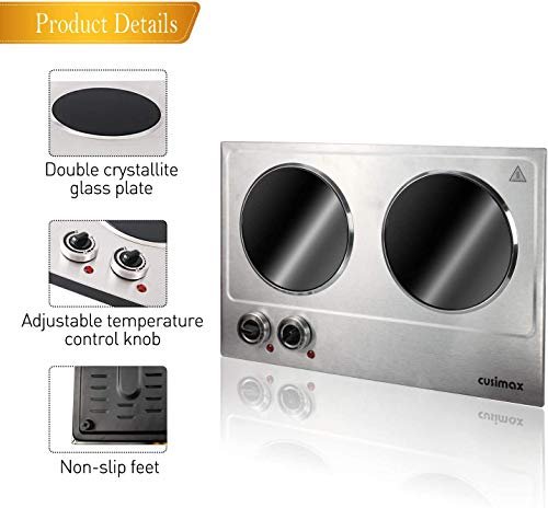 CUSIMAX 1800W Ceramic Electric Hot Plate for Cooking, Double Burner, Silver