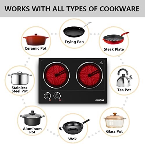 CUSIMAX Double Burner, 1800W Ceramic Electric Hot Plate for Cooking, Black