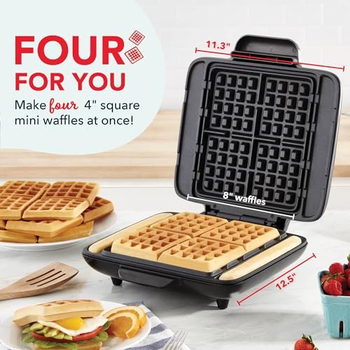 Dash No-Drip Waffle Maker, 4 Square Mini Waffles at Once, Silver