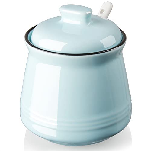 DAYYET Sugar Bowl with Lid and Spoon, 12 oz Ceramic Sugar Bowl with Spoon, Sugar Container for Coffee Bar, Sugar Jar Sugar Dispenser Bowl, Turquoise Kitchen Decor and Accessories