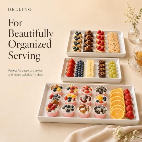 Delling Large Serving Platter, 16/14/12 Inch Rectangular Serving Trays for Serving Food, Serving Tray for Party - Set of 3, White