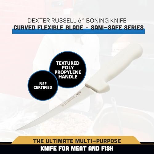 Dexter Russell 1483 Boning Knife, 6" Flexible Curved High Carbon Stain-Free Steel Blade, Textured Non-Slip White Polypropylene Handle, Professional Butcher and Fillet Knife, Made in USA, NSF Certified