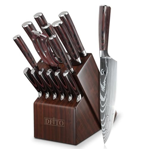 Dfito Kitchen Knife Set, 15 Pieces Knife Set with Block and Sharpener