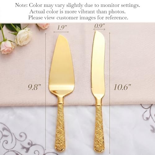 Dicunoy 2 PCS Gold Cake Knife and Server Set, Wedding Cake Cutting Utensils, Vintage Engraved Cake Cutter and Serving Spatula for Birthday,Anniversary, Vibrant Gold