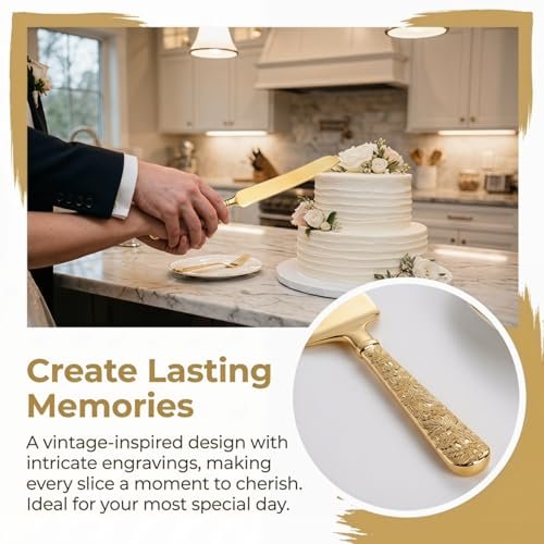 Dicunoy 2 PCS Gold Cake Knife and Server Set, Wedding Cake Cutting Utensils, Vintage Engraved Cake Cutter and Serving Spatula for Birthday,Anniversary, Vibrant Gold