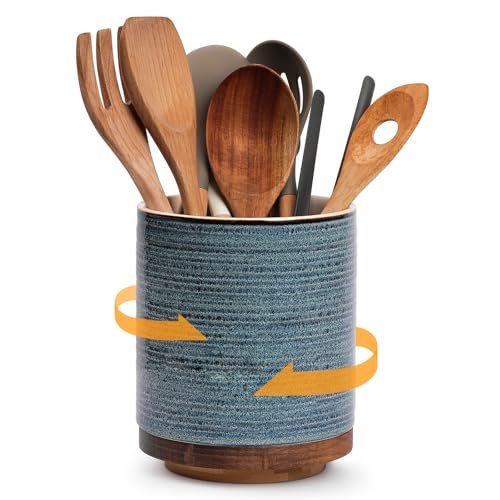 DOWAN 360Β° Rotating Extra Large Cooking Utensil Holder, 7.6" Kitchen Utensil Holder for Countertop, Utensil Crock for Farmhouse Kitchen Decor, Ceramic Stable Utensil Caddy, Blue