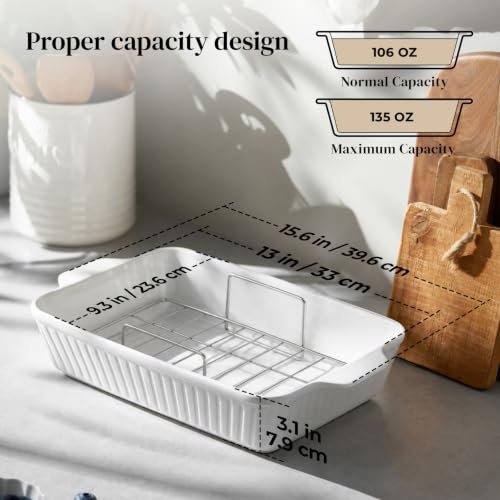 DOWAN 9x13'' Baking Dish with Handles Rack, Deep Ceramic Casserole Pan & Stainless Steel Roasting Rack for Oven, Chicken & Meat Resting, Ceramic Lasagna Pan, Dishwasher & Microwave Oven Safe-White