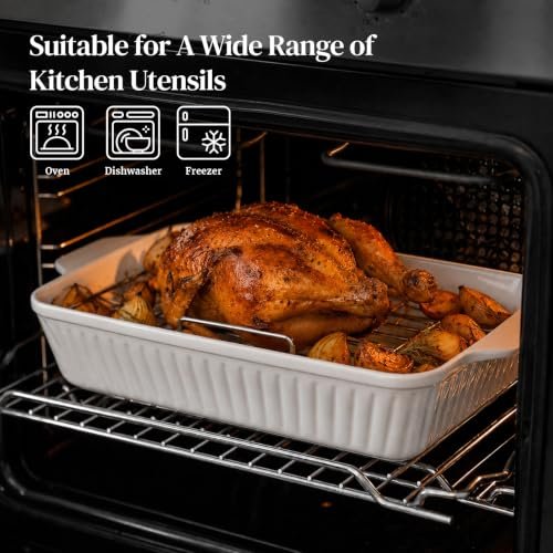 DOWAN 9x13'' Baking Dish with Handles Rack, Deep Ceramic Casserole Pan & Stainless Steel Roasting Rack for Oven, Chicken & Meat Resting, Ceramic Lasagna Pan, Dishwasher & Microwave Oven Safe-White