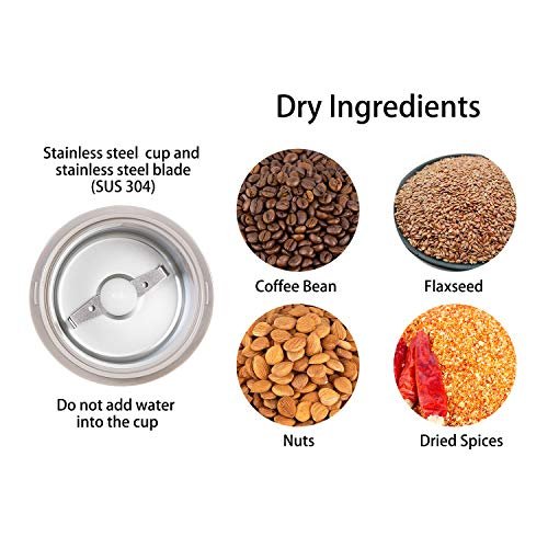 DR MILLS DM-7441W Coffee Grinder Electric, Coffee Bean and Dried Spice Grinder, One Touch Operation, Blade and Cup Made with SUS304 Stainless Steel (White)