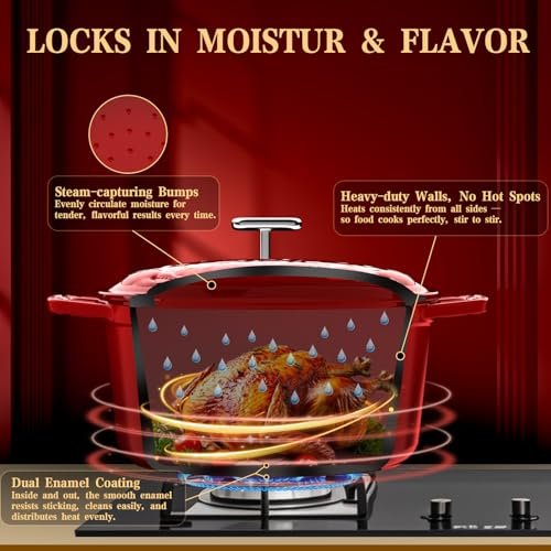 DUTZUN Enameled Cast Iron Dutch Oven - 5 Quart, Crab Lid (Patented), Oversized Knob, for Bread Baking Braiser, Cooking Stock Pot - Red