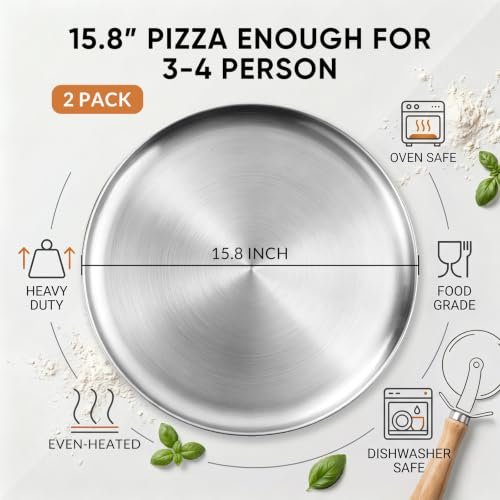 E-far 16” Stainless Steel Pizza Pan for Oven, Pizza Baking Tray Set of 2