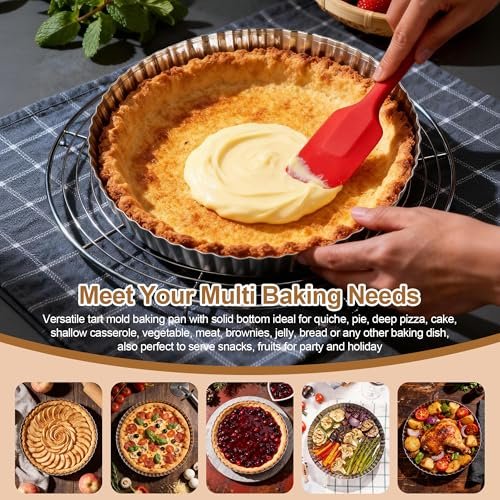 E-far 9.5 Inch Tart Pan, Stainless Steel Pie Quiche Pan Baking Dish for Oven, Reusable Pie Plate Tin with Fluted Edge & Seamless Bottom, No Leakage and Dishwasher Safe, Mirror Silver