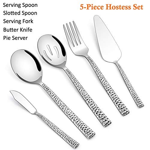 E-far Hammered Serving Utensils, 5-Piece Stainless Steel Square Hostess Serving Set for Buffet Party Kitchen Restaurant, Mirror Finished & Dishwasher Safe