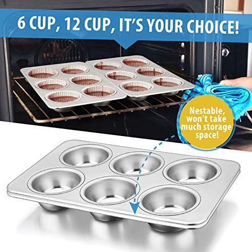 E-far Stainless Steel Muffin Pan Set of 2, 6-Cup Cupcake Tin for Baking