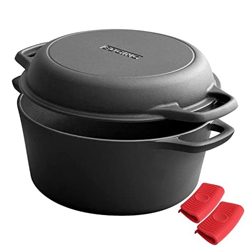 EDGING CASTING 2-in-1 Pre-Seasoned Cast Iron Dutch Oven Pot with Skillet Lid Cooking Pan, Cast Iron Skillet Cookware Pan Set with Dual Handles, Indoor Outdoor for Bread/Frying/Baking/Camping/BBQ, 5 Qt