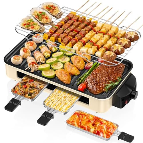 Electric Indoor Grill 1500W -2 in 1 Smokeless Indoor Grill for Kitchen with Non-stick Removable Grill & Griddle Plate,Temperature Control Korean BBQ Grill with 3 Cheese Pans Dishwasher Safe