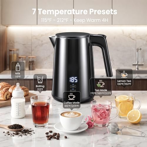 Electric Kettle 1.0L, 1200W Fast Boiling, 7 Temp Settings & 4H Keep Warm