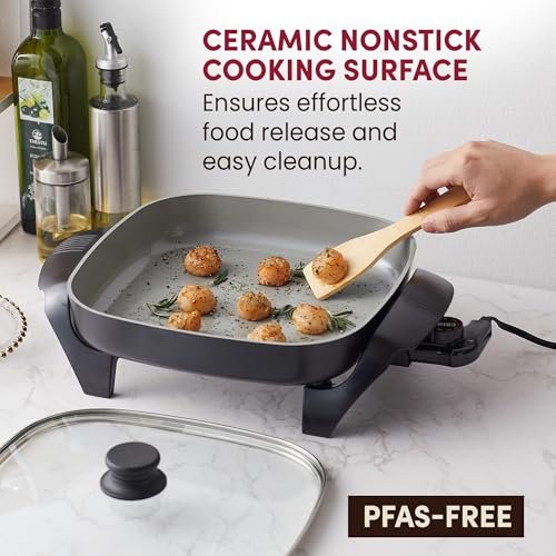 Elite Gourmet Ceralast PFAS-Free Ceramic Electric Skillet, 1200W, Dark Gray