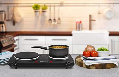 Elite Gourmet EDB-302BF Double Cast Iron Burner, 1500W Hot Plate, Black