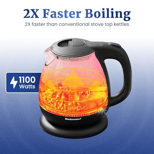 Elite Gourmet EKT1001 1.0L Glass Kettle, 1100W, Cordless Base, Black