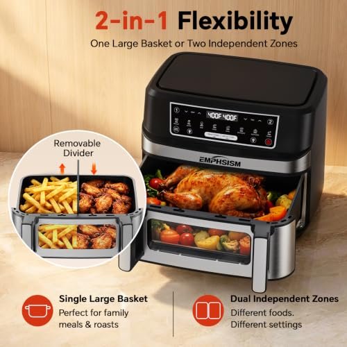 Emphsism 12QT Large Dual Zone Air Fryer with Removable Divider, 1 x 12QT Mega Zone or 2 Independent 6QT Zones, Separate Presets, 8-in-1 Family Size, LED Touchscreen, Nonstick Dishwasher-Safe Basket