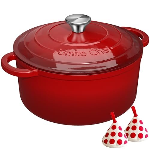 Enameled Cast Iron Dutch Oven - Umite Chef 5QT Pot with Lid & Cotton Potholders - Heavy-Duty Cookware for Bread Baking, Braising, Stews, Roasting(Red)