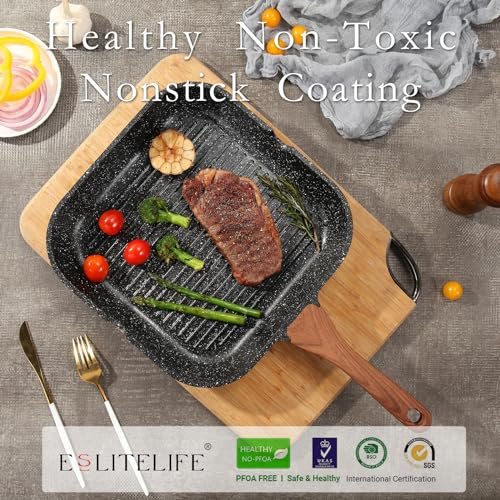 ESLITE LIFE Nonstick Grill Pan for Stove Tops, Versatile Griddle with Pour Spouts, 9.5 Inch Square Big Grilling Skillet Steak Pan for Indoor & Outdoor Cooking, PTFE & PFOA Free, Black