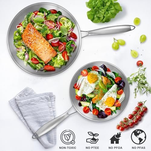 EWFEN Tri-Ply Stainless Steel Frying Pans Set, 8”/10”/12” Cooking pans, PFOA&PTFE Free Skillet, Induction Cooking Pan, Dishwasher and Oven Safe, Fast & Even Heat, Heavy Duty and Detachable Handle